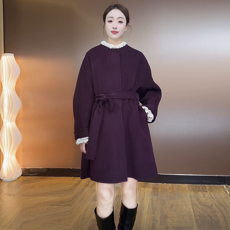 毛呢外套大衣厚款秋冬拼接女装气质中长款显瘦圆领羊绒大衣洋气
