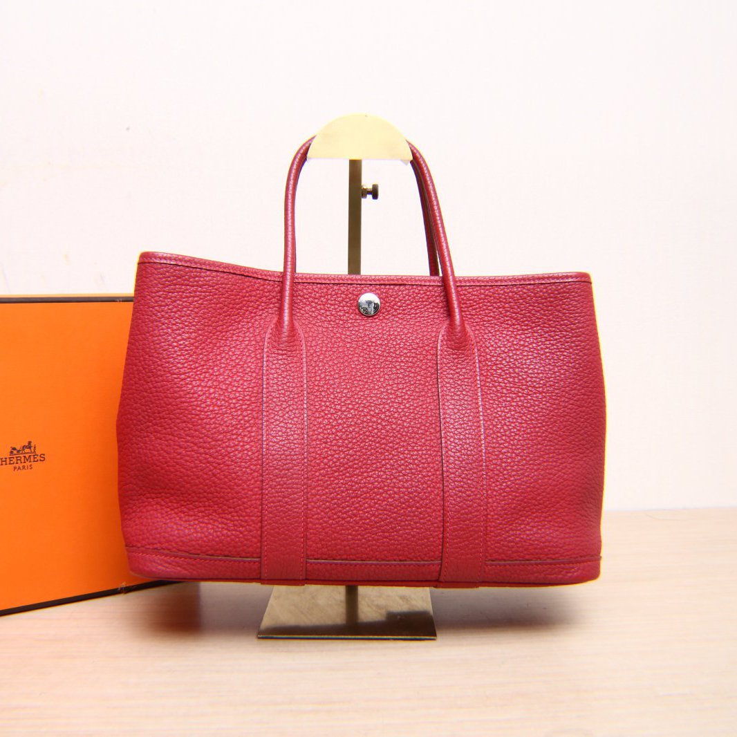 95新 Hermes/爱马仕 小花黑黑 花园包 30 5X辣椒红 NEGONA皮 T刻