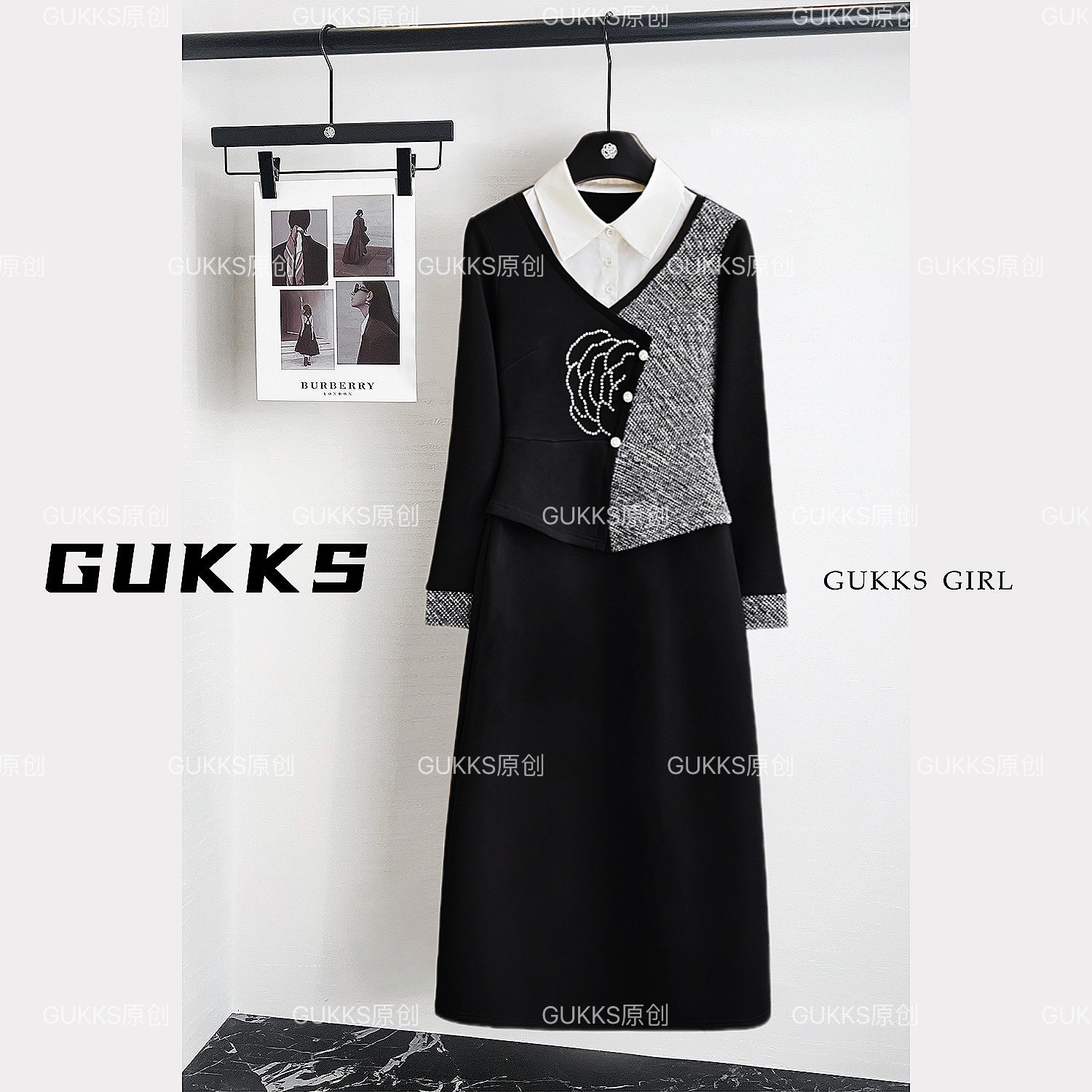 GUKKS/2025宽松长袖拼接休闲翻领连衣裙GK902