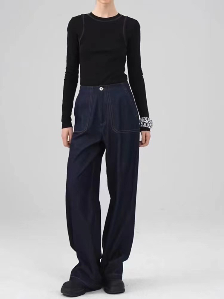 C146 贾玲同款植绒明线大口袋阔腿裤