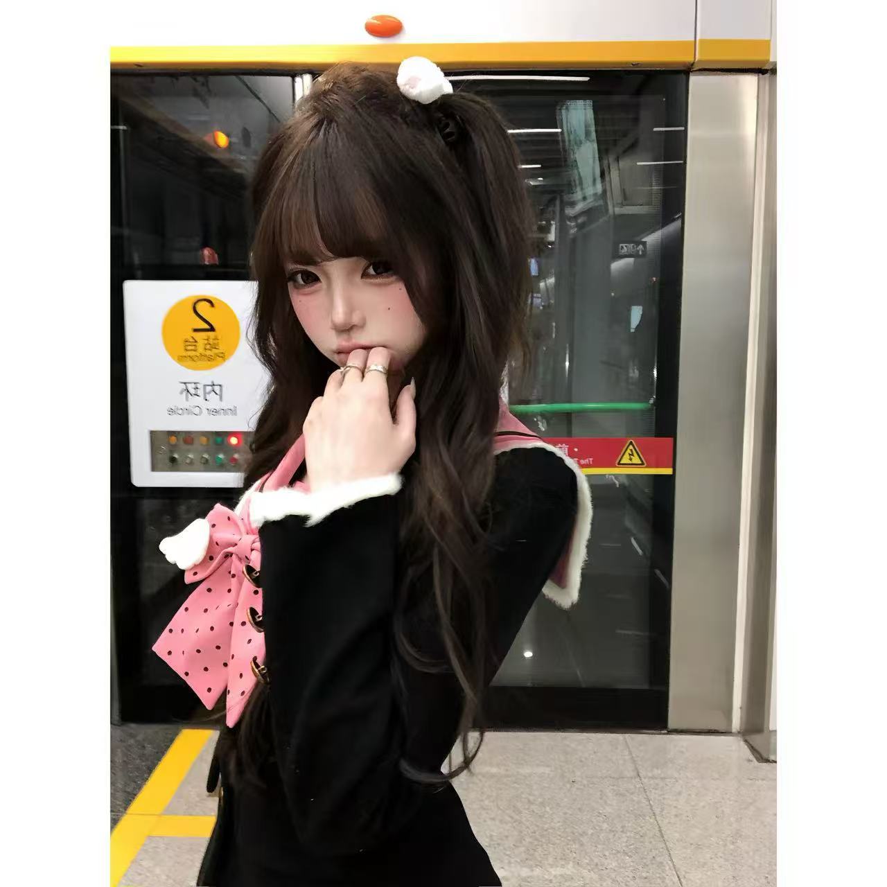 【林林在忙】天使之芯 冬季加厚玫粉色蝴蝶结修身上衣+格子半身裙