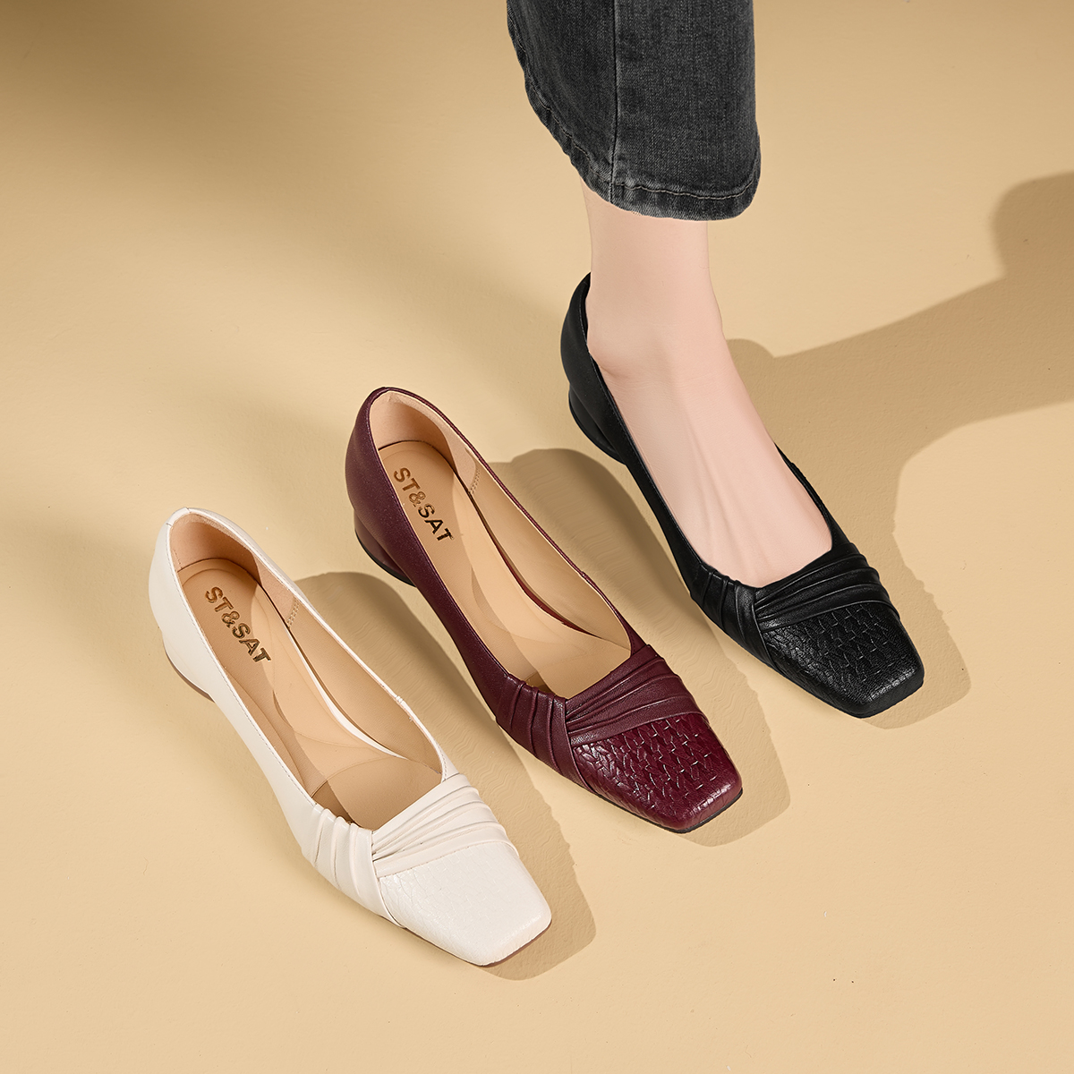 羊皮/3cm 星期六2025秋季新款方头粗跟舒适时尚百搭款女士单鞋