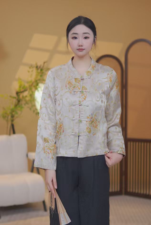 真丝长袖常规款提花薄款香云纱上衣女宽松新中式双面穿外套女