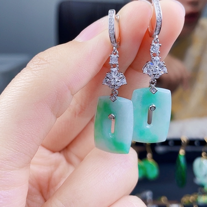 翡翠耳饰银S925镶嵌饰品