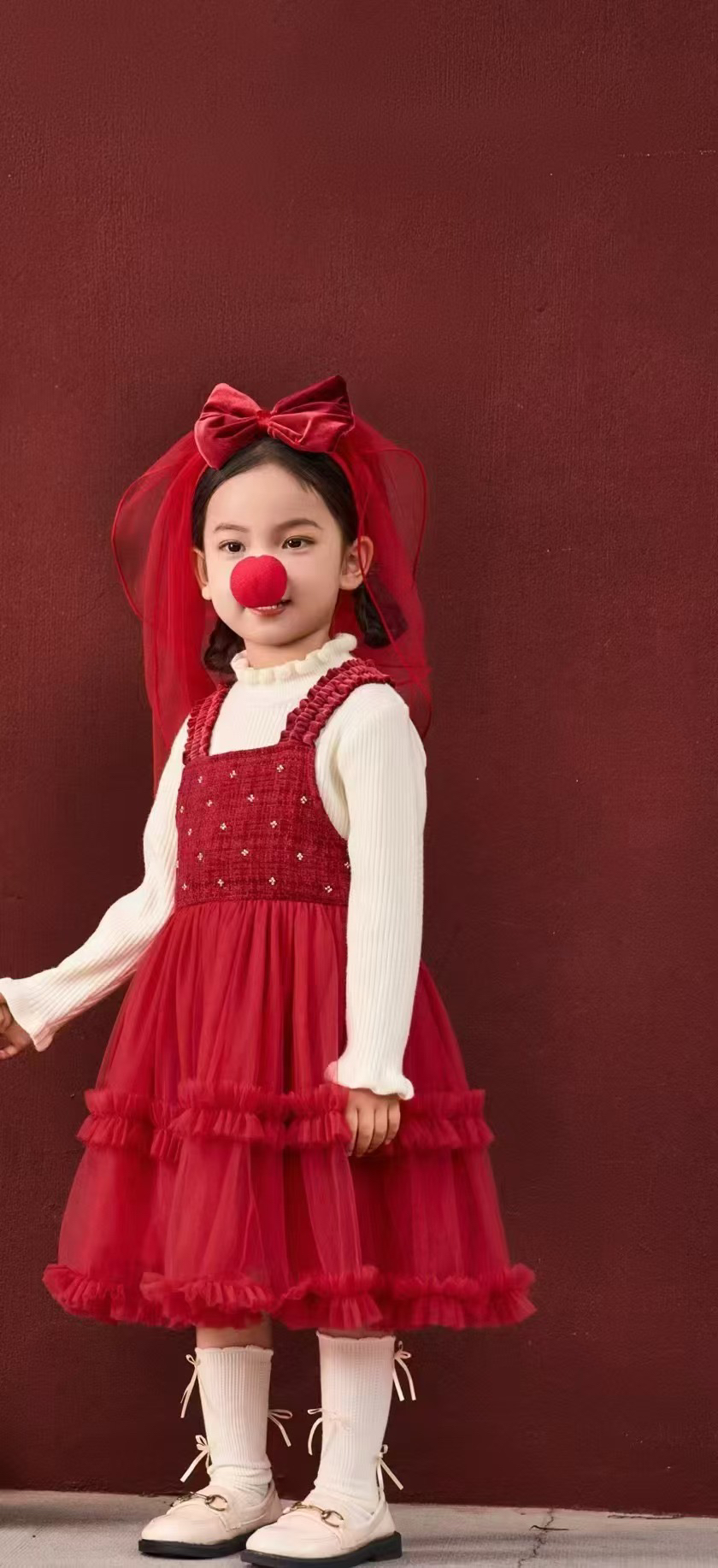 新年丝绒头纱里外套装裙