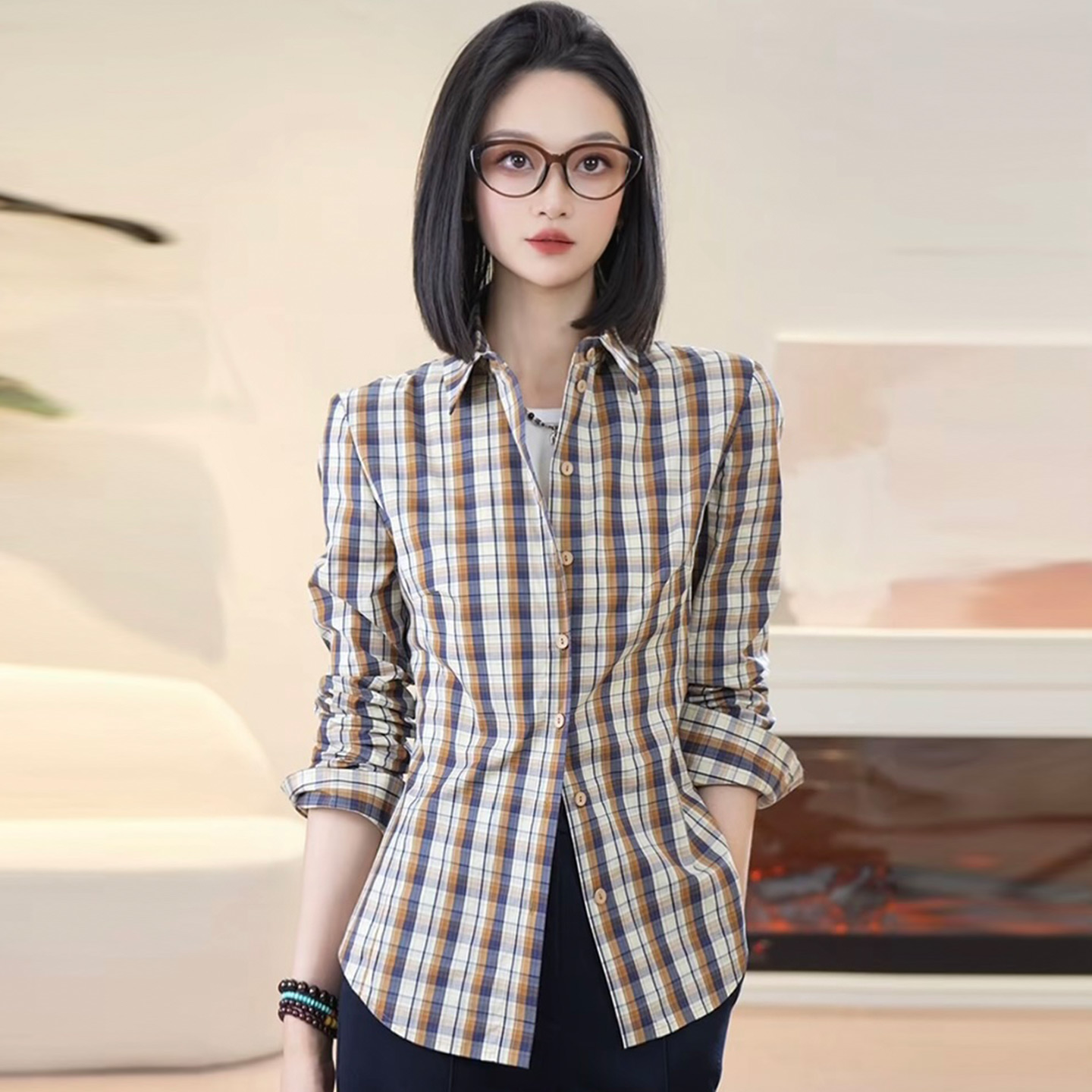【商场同款】复古摩登翻领格纹收腰长袖衬衫通勤修身质感衬衣130146