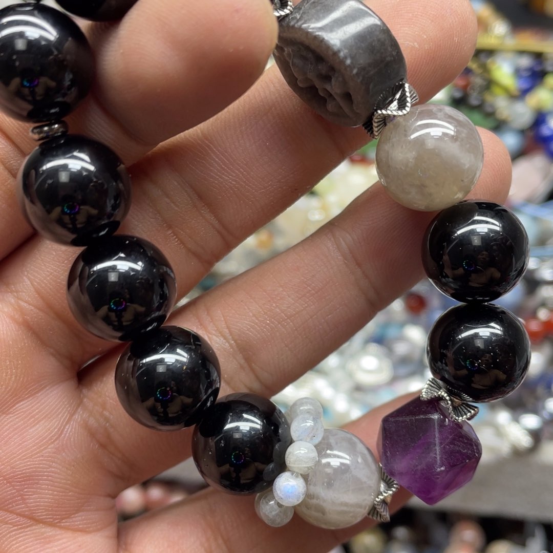 烟晶手链银S800镀金镶嵌