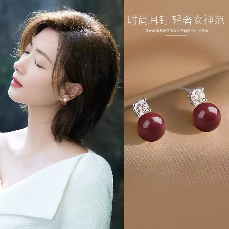 含辰砂工艺品s925纯银朱砂耳钉女戴妃款气质百搭红色新年银耳饰品