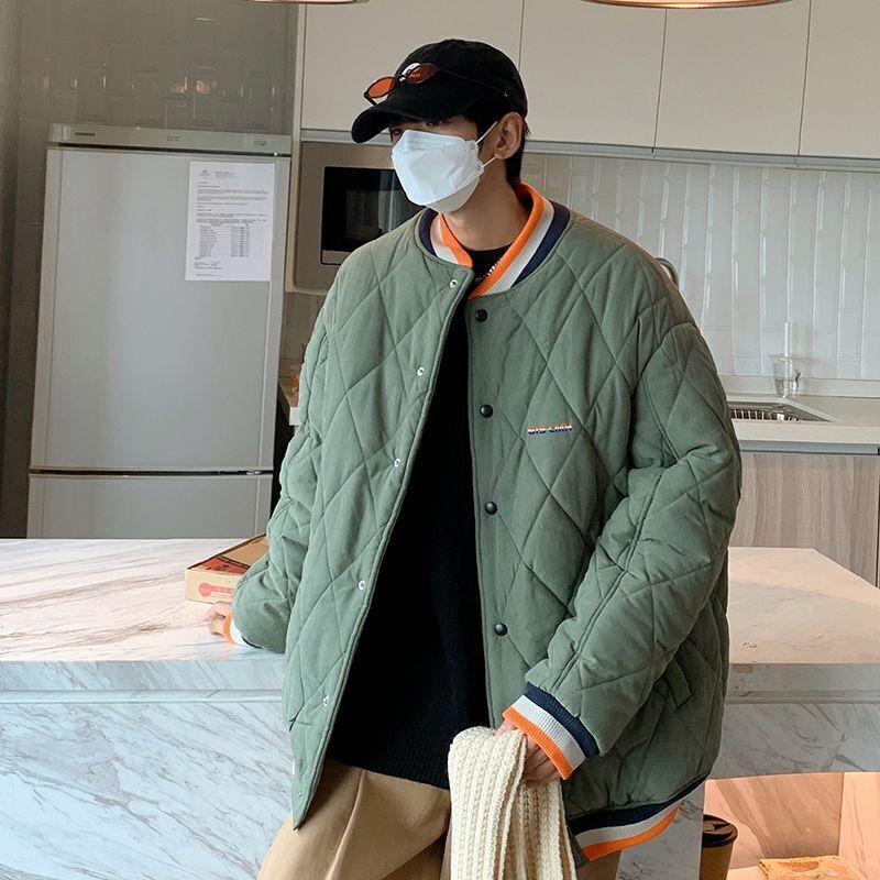 8008-BY棒球服棉衣男女秋冬季潮牌ins菱形格百搭宽松棉服棉袄外套