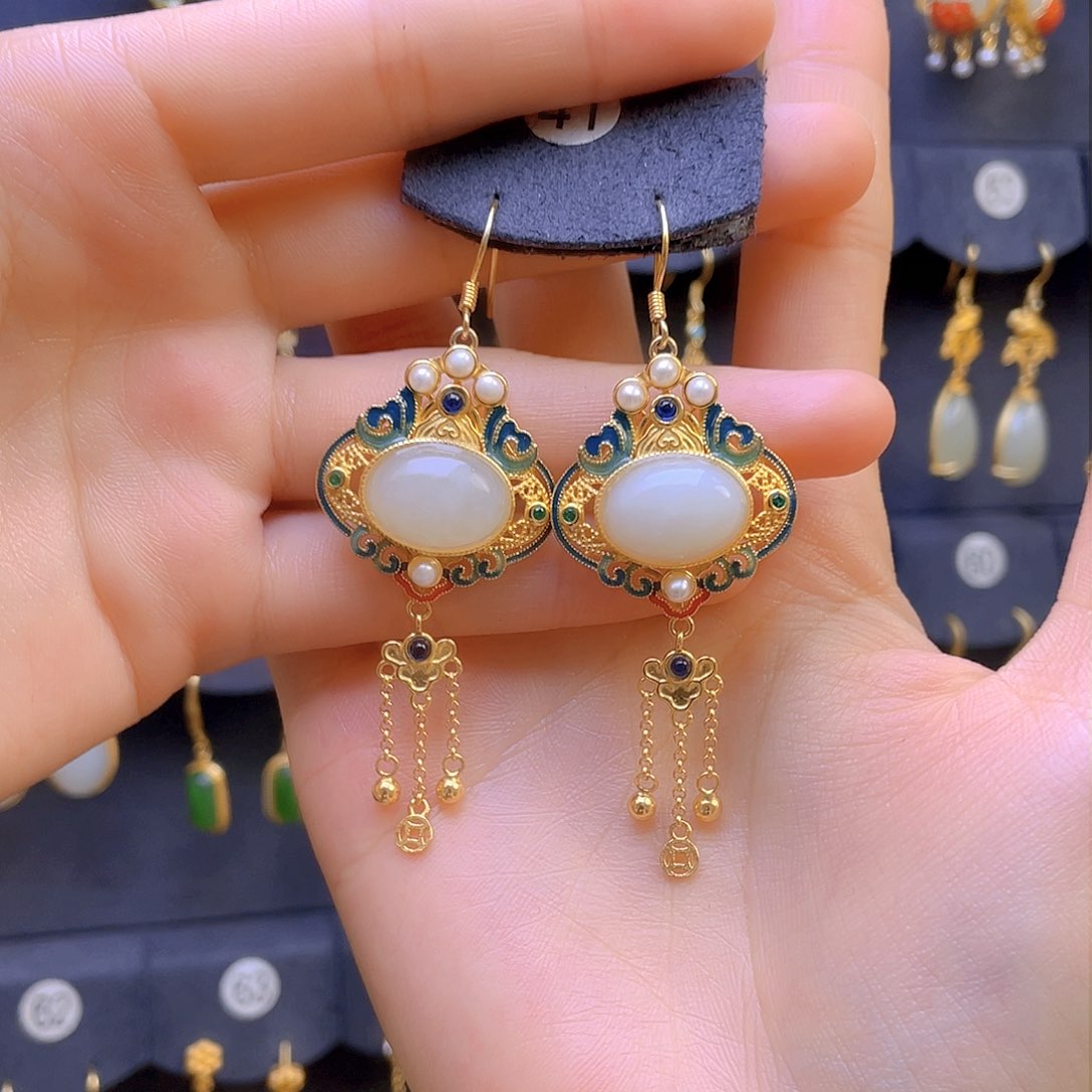 和田玉耳饰银S925镀金镶嵌