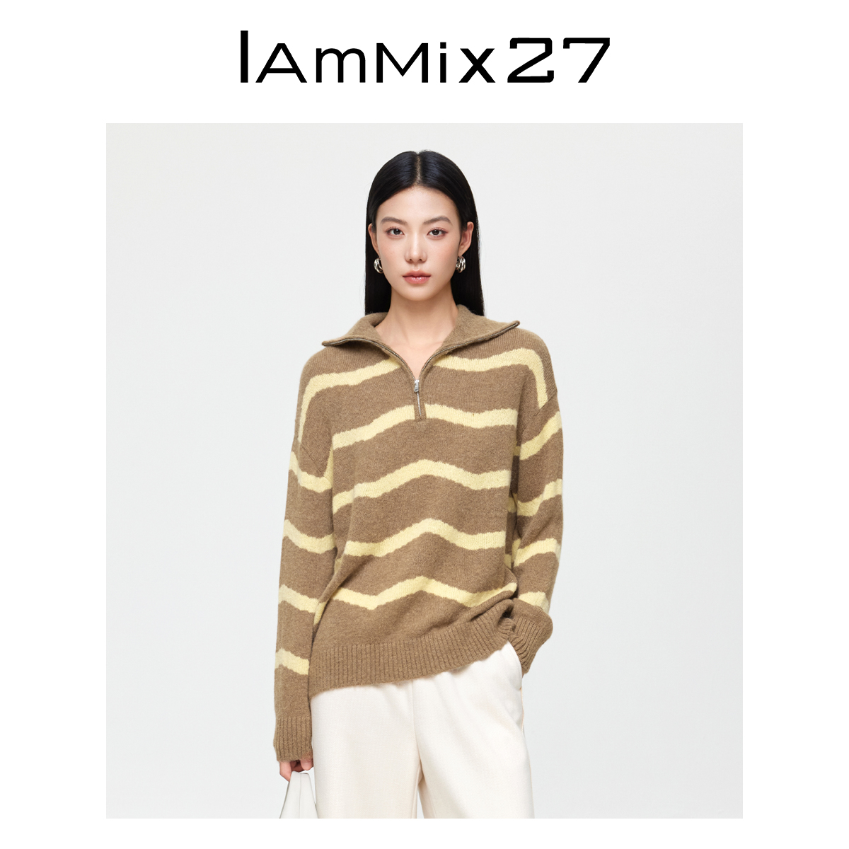 Iammix27秋冬毛衣连帽长袖条纹毛针织衫M4D5081
