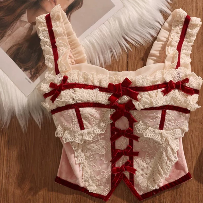 （601-700直播链接）辣妹吊带背心女夏季挂脖蕾丝法式鱼骨外穿内搭