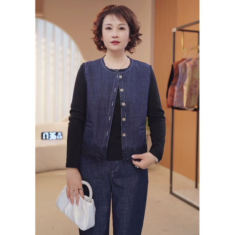 妈妈装早秋牛仔马甲裤子两件套时尚中老年秋装气质轻奢套装女1106