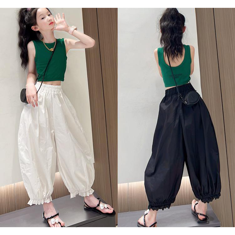 2025新款小女孩夏季时尚女大童绿背心阔腿裤百搭休闲洋气两件套潮