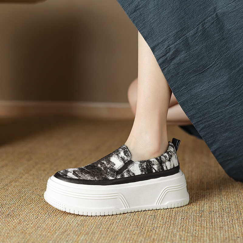 6.0厘米厚底松糕单鞋女时尚休闲百搭软底软面马毛小皮鞋2025新款