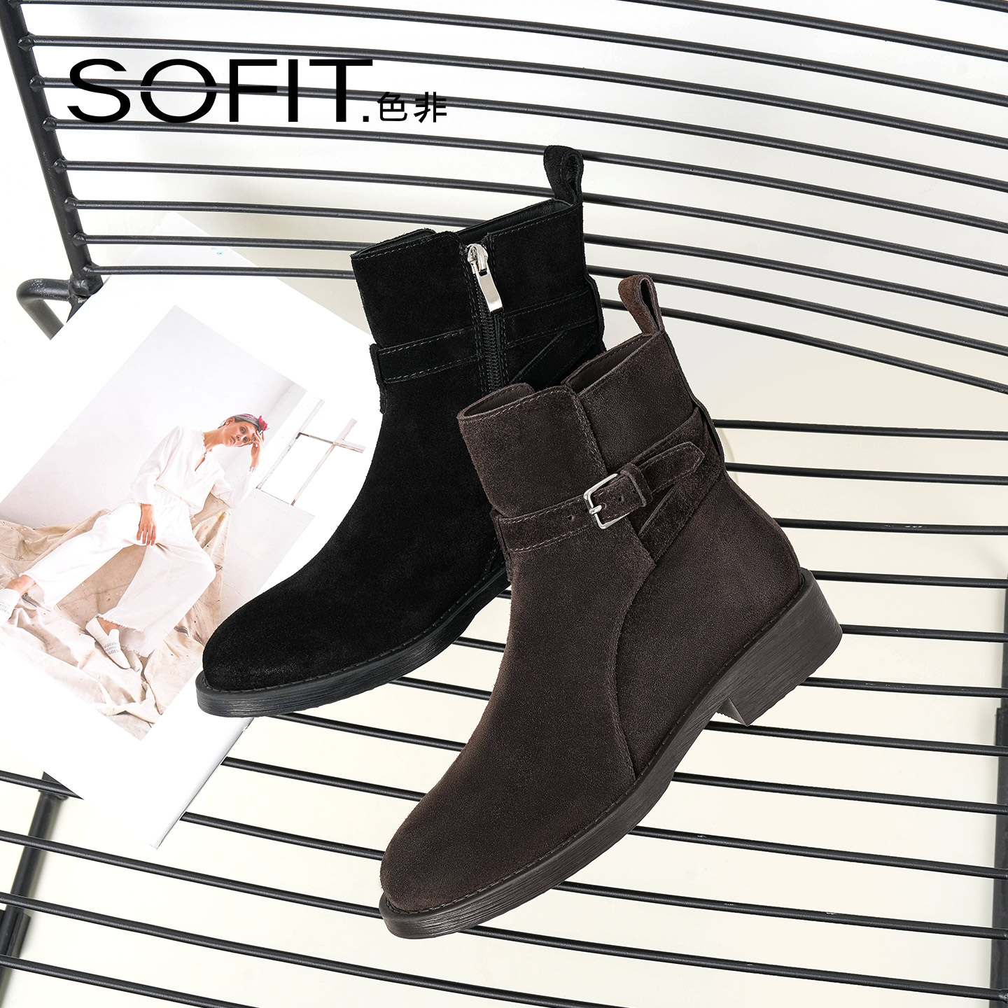 圆头休闲侧拉链短靴方头秋冬时装靴百搭英伦风粗跟马丁靴