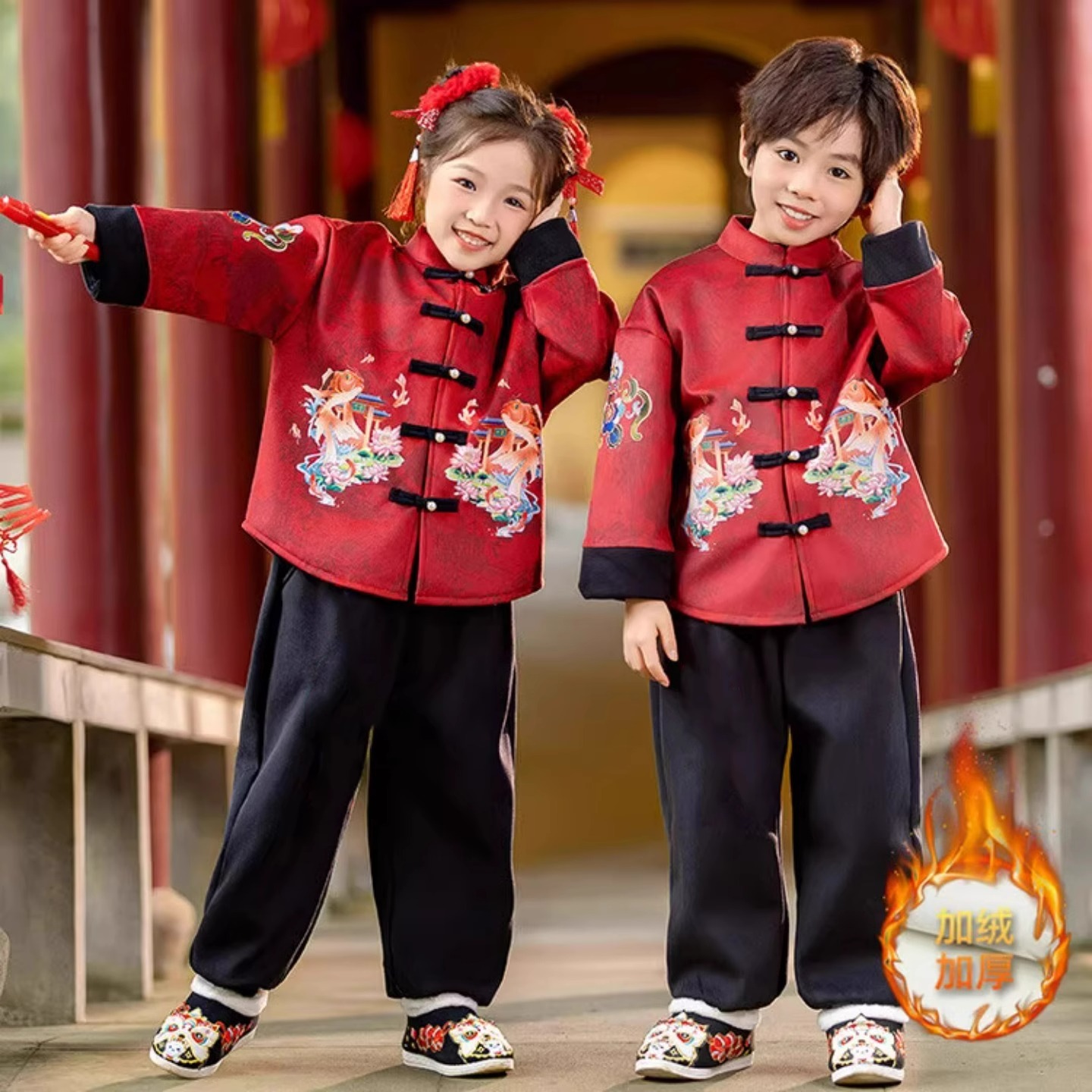 儿童拜年服喜庆男童秋冬加厚中国风儿童拜年礼服元旦