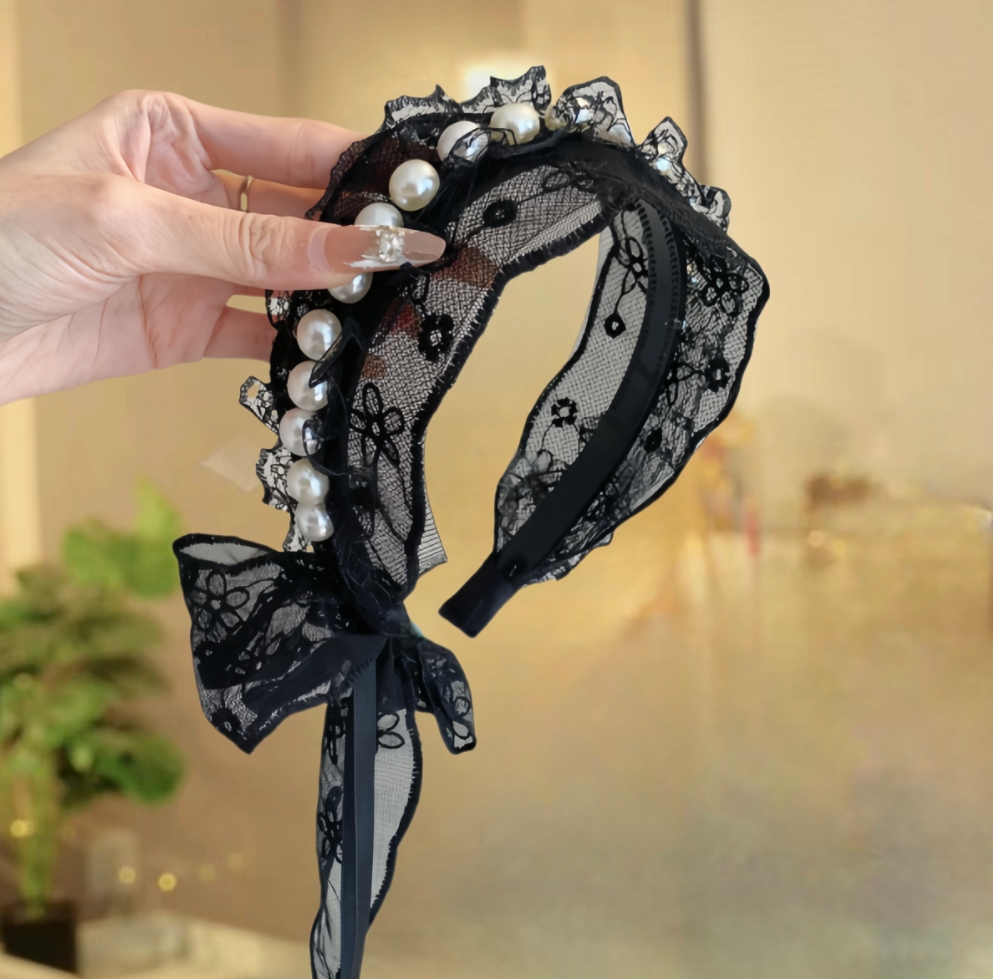 新品气质蕾丝高级感温柔花朵蕾丝长飘带蝴蝶结珠珠百搭网纱发箍