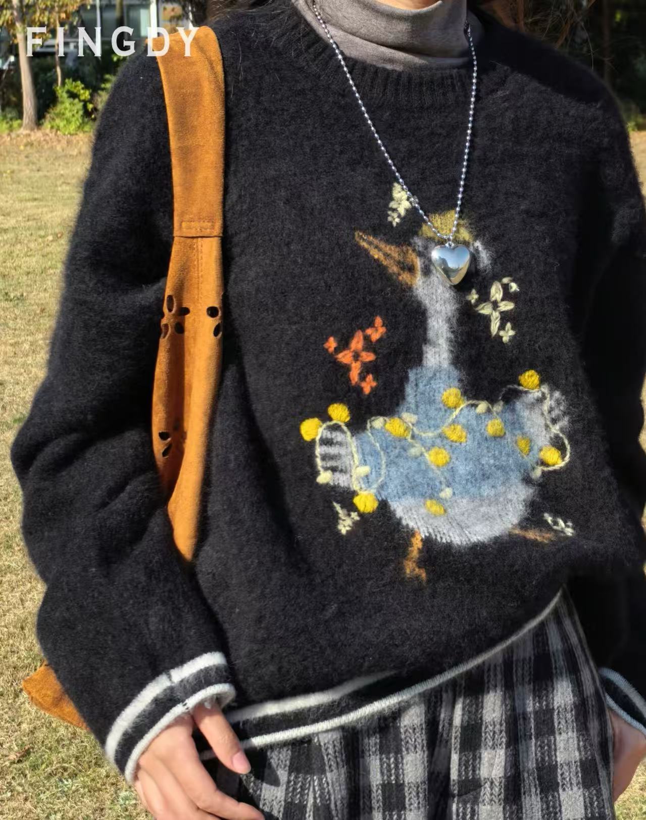 秋冬【山羊绒拉绒】可爱风小鸭子套头针织衫JJ-6768