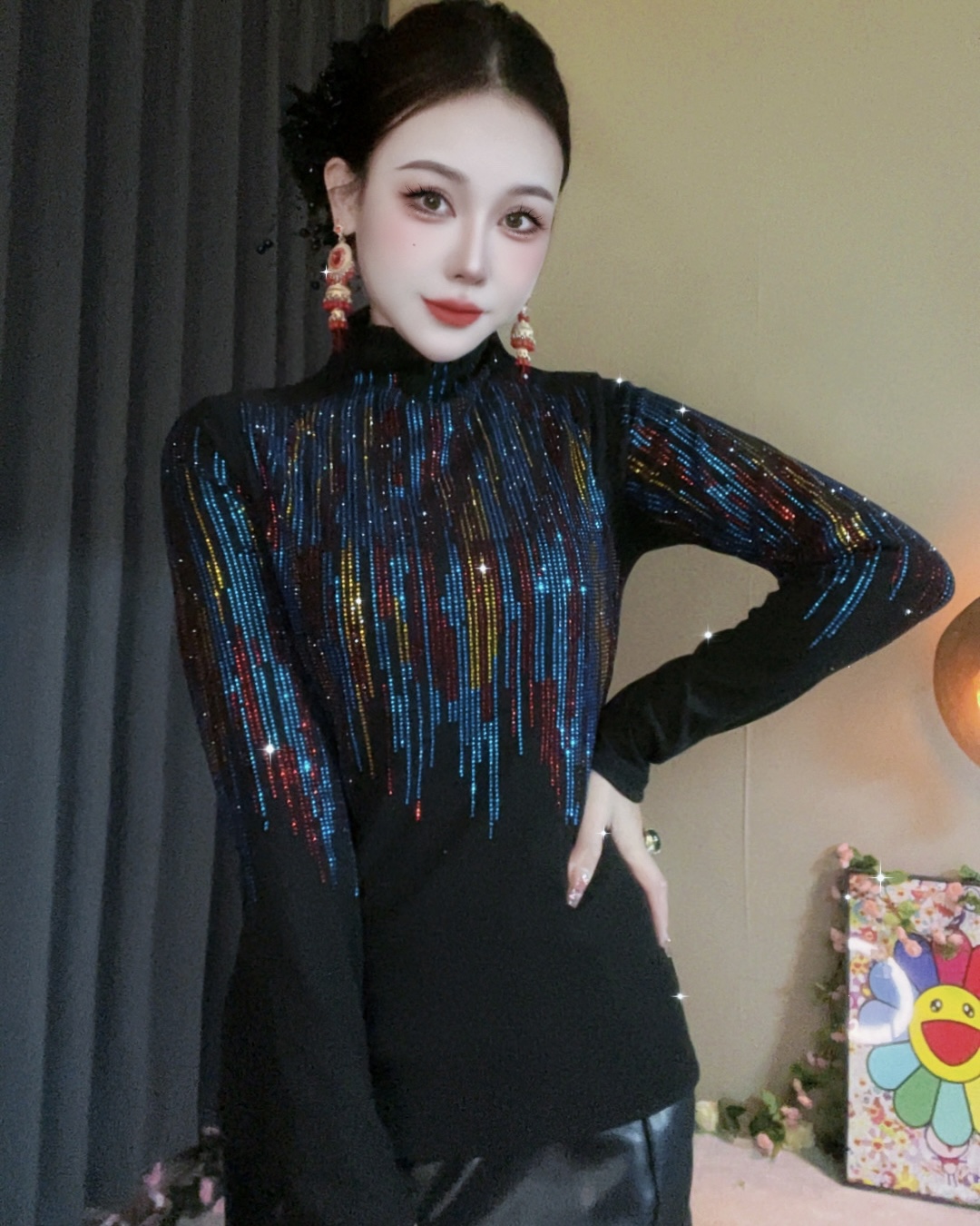 76三色霓虹半高领打底衫女内搭秋冬新款时尚烫钻上衣修身显瘦