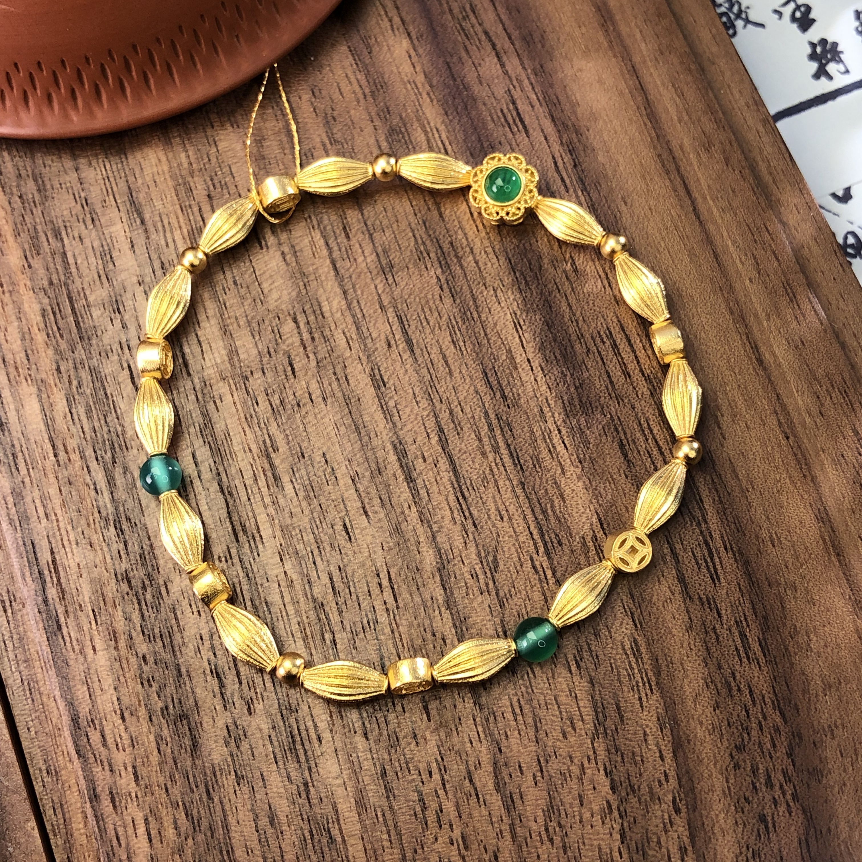 黄金足金999古法錾刻梭子菱形米粒隔珠钱钱圈手串手链
