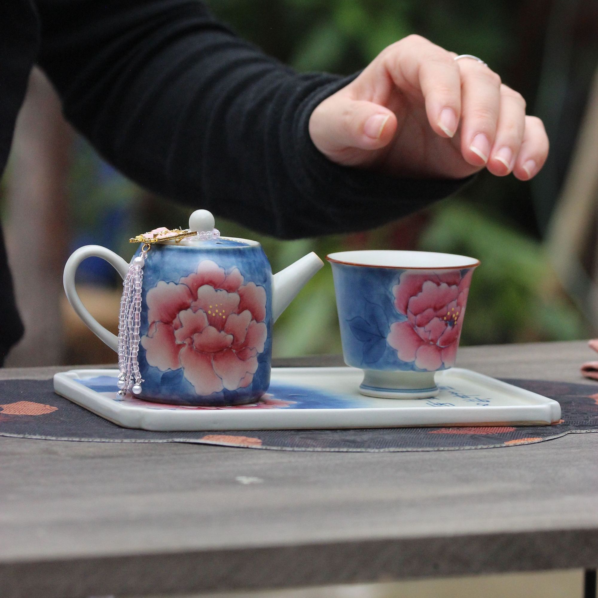 亘古青花斗彩牡丹茶壶茶具手绘茶杯泡茶品茗壶承陶瓷家用杯子水杯