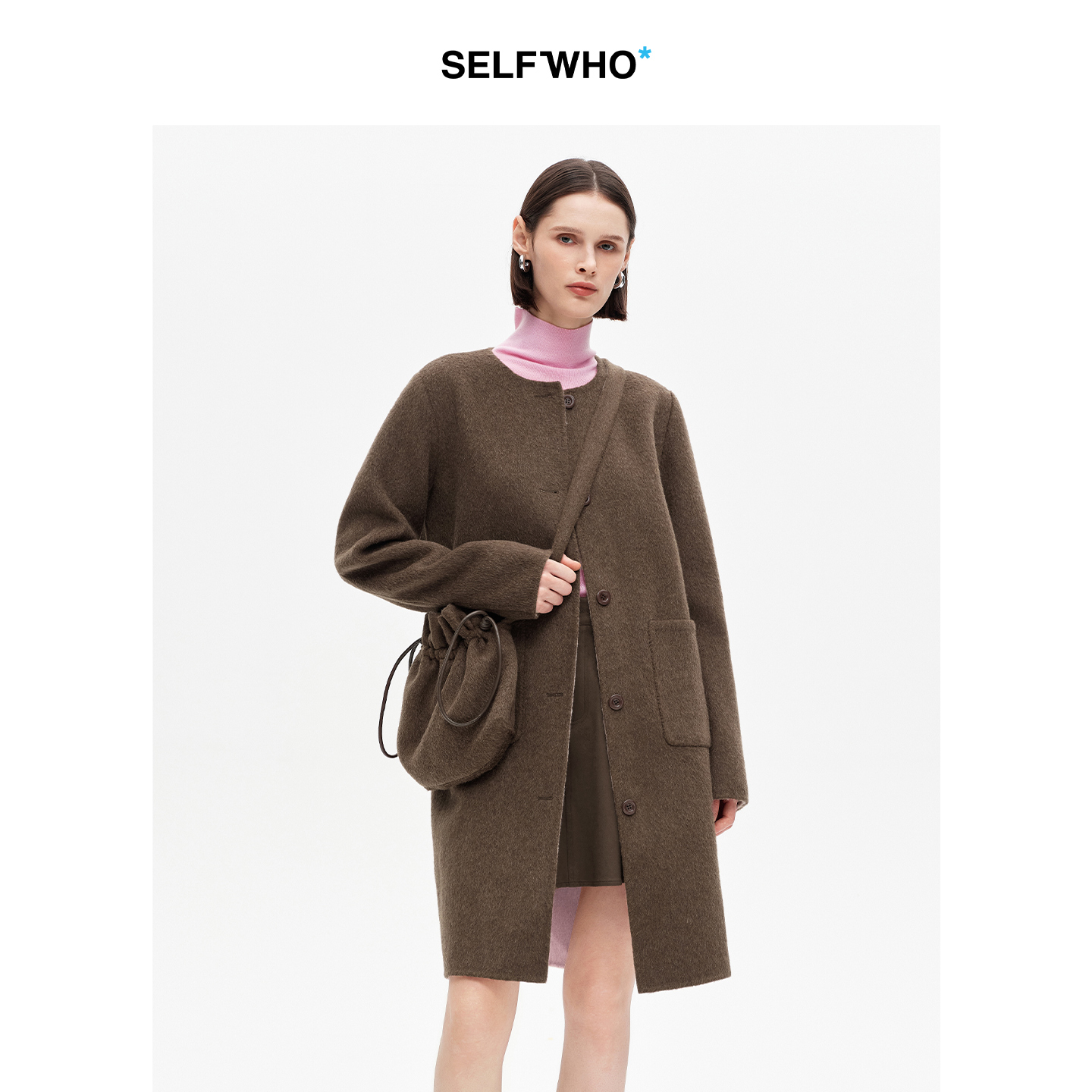 SELFWHO100%绵羊毛撞色单排扣双面呢外套女2025冬季新款保暖大衣