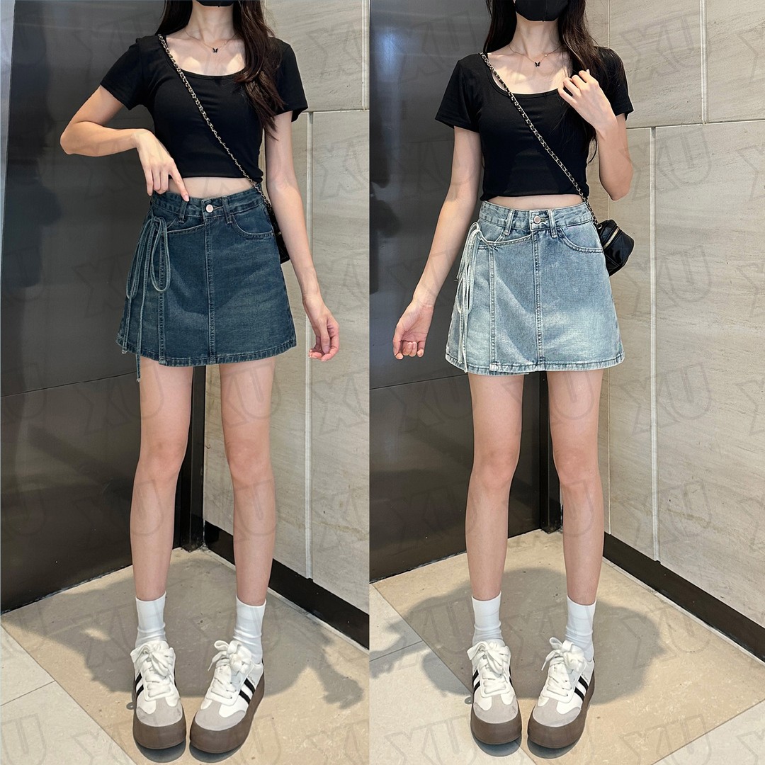 【打打】复古浅色牛仔半身裙女2025新款夏季高腰显瘦绑带红色半身裙
