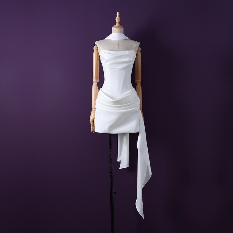 轻奢欧美名媛气质性感抹胸鱼骨系带收腰褶皱飘带包臀连衣裙礼服女