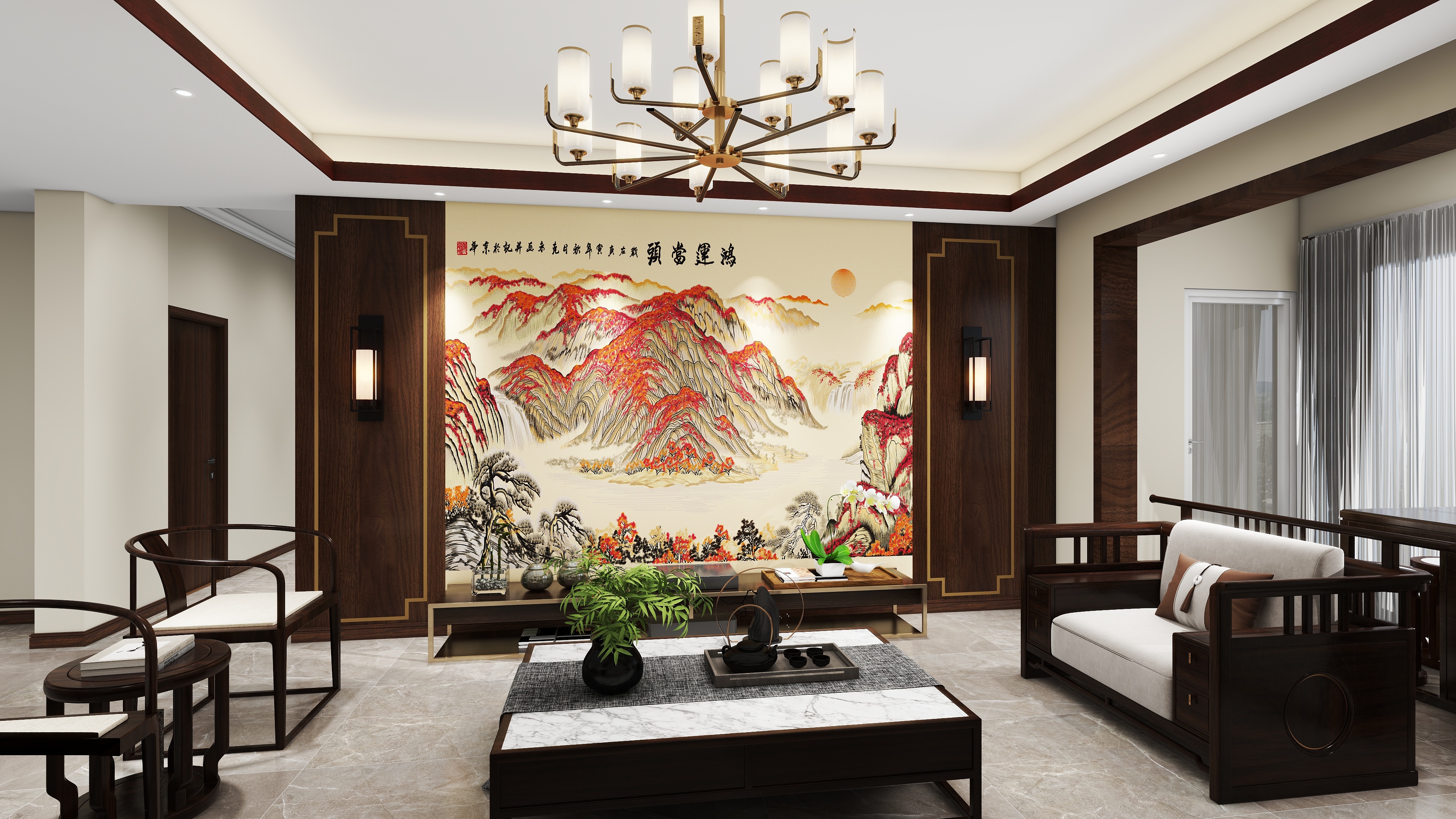 馨绣居-鸿运当头新中式高端定制山水刺绣墙布卧室沙发办公室背景