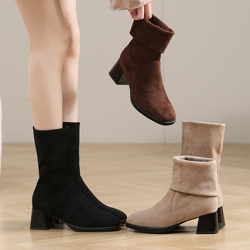 舞蹈鞋秋冬弹力一脚蹬中跟广场舞靴子中高筒小短靴加绒跳舞鞋女鞋