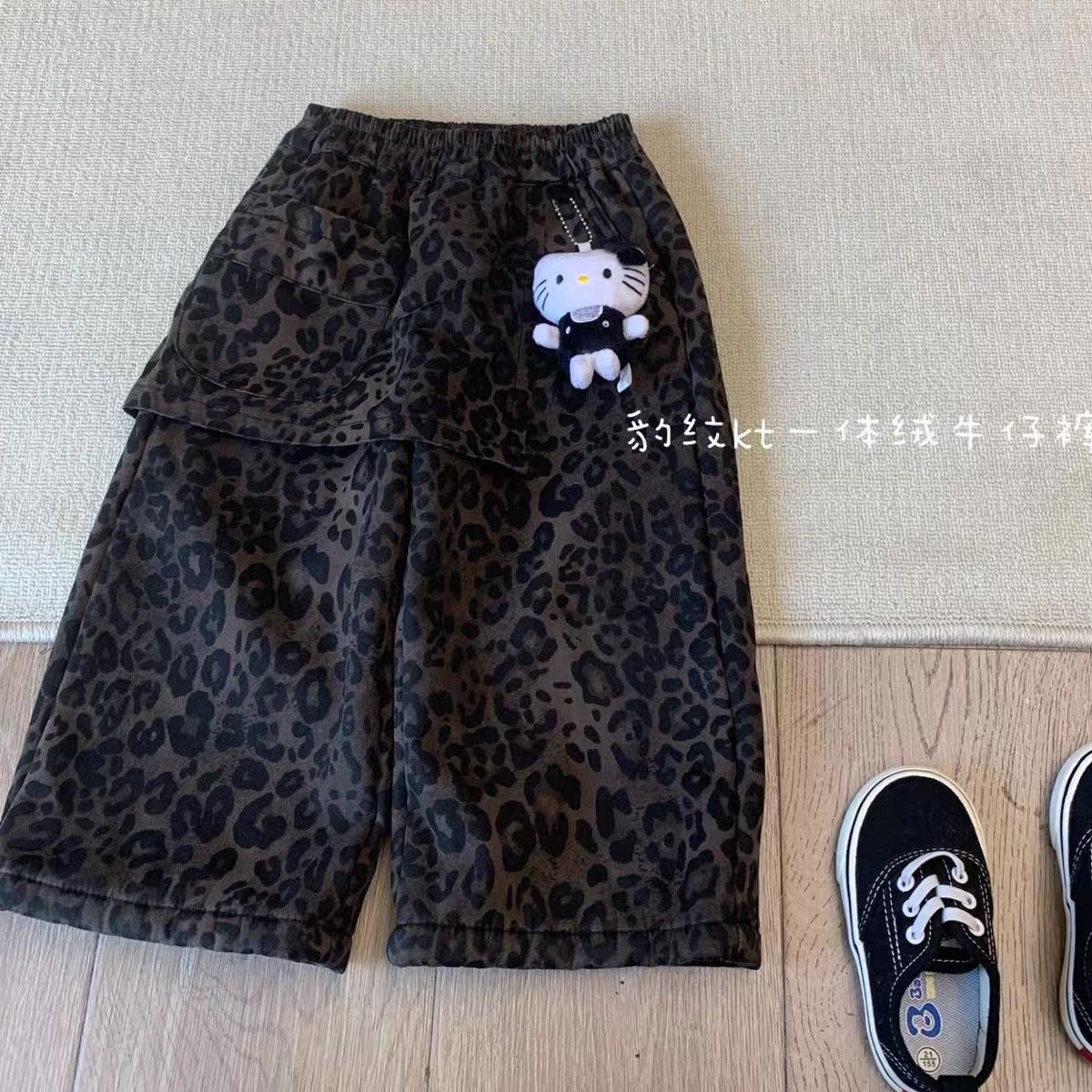 一体绒裤子25冬季洋气新款女宝宝儿童保暖舒适百搭豹纹直筒裤