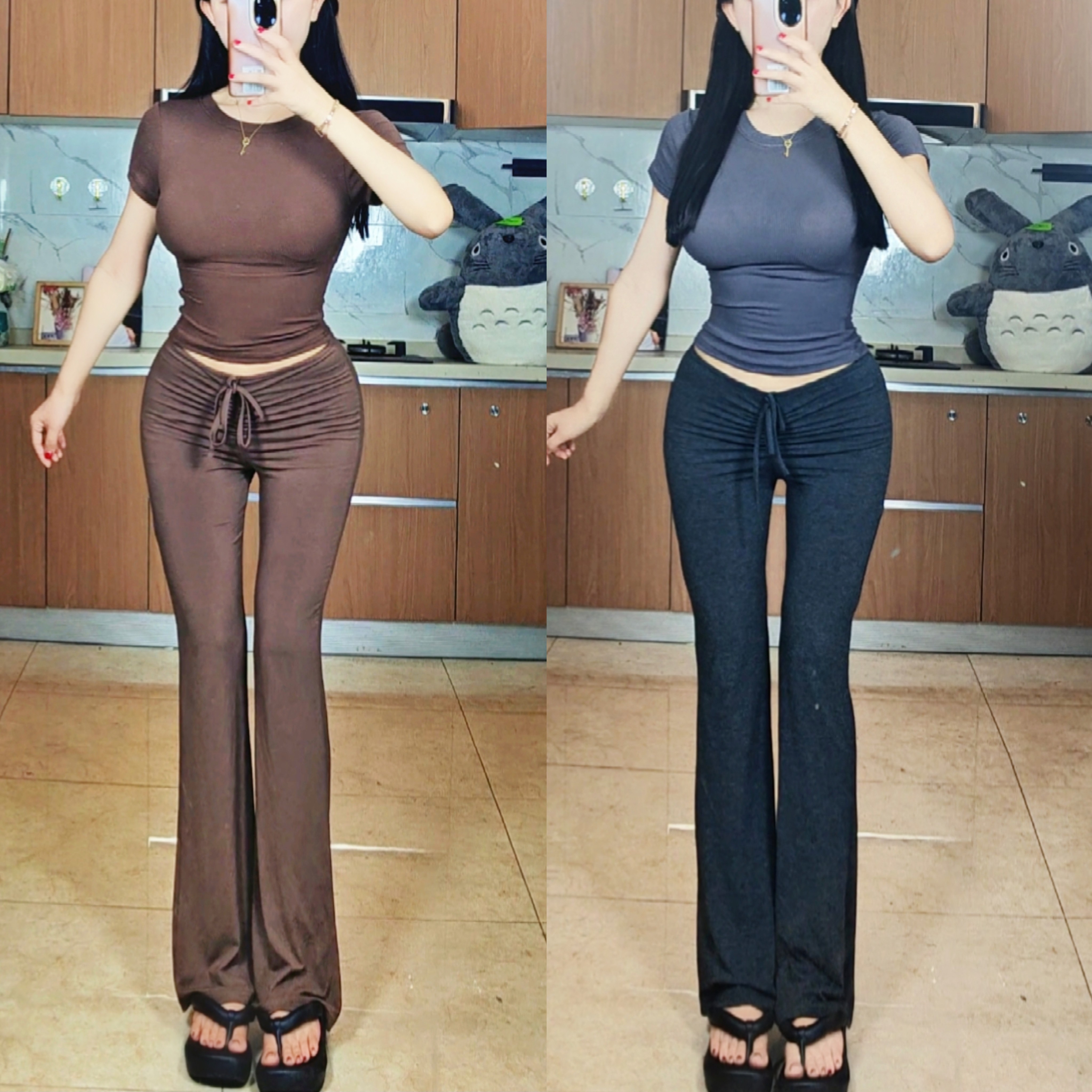 燃燃家V腰褶皱抽绳系带包臀喇叭裤辣妹显瘦休闲裤修身运动瑜伽裤