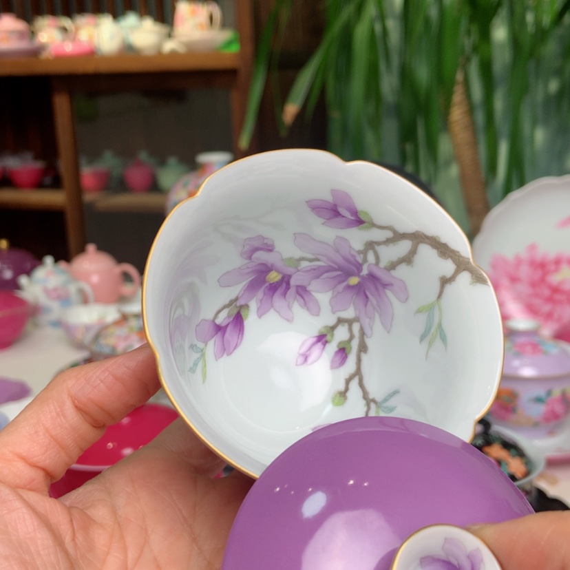 【闪购商品】紫色玉兰花盖碗景德镇手工手绘