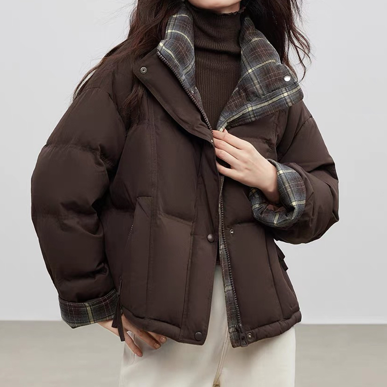 邹先森5262-29(羽)冬季新款格纹拼接宽松立领外套短款连帽百搭