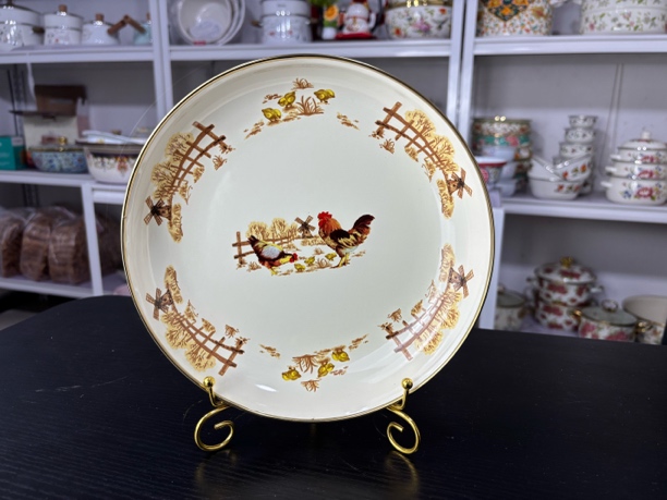 22厘米家用珐琅搪瓷双耳金边特厚餐盘菜碟大公鸡花色新款盘子陶瓷