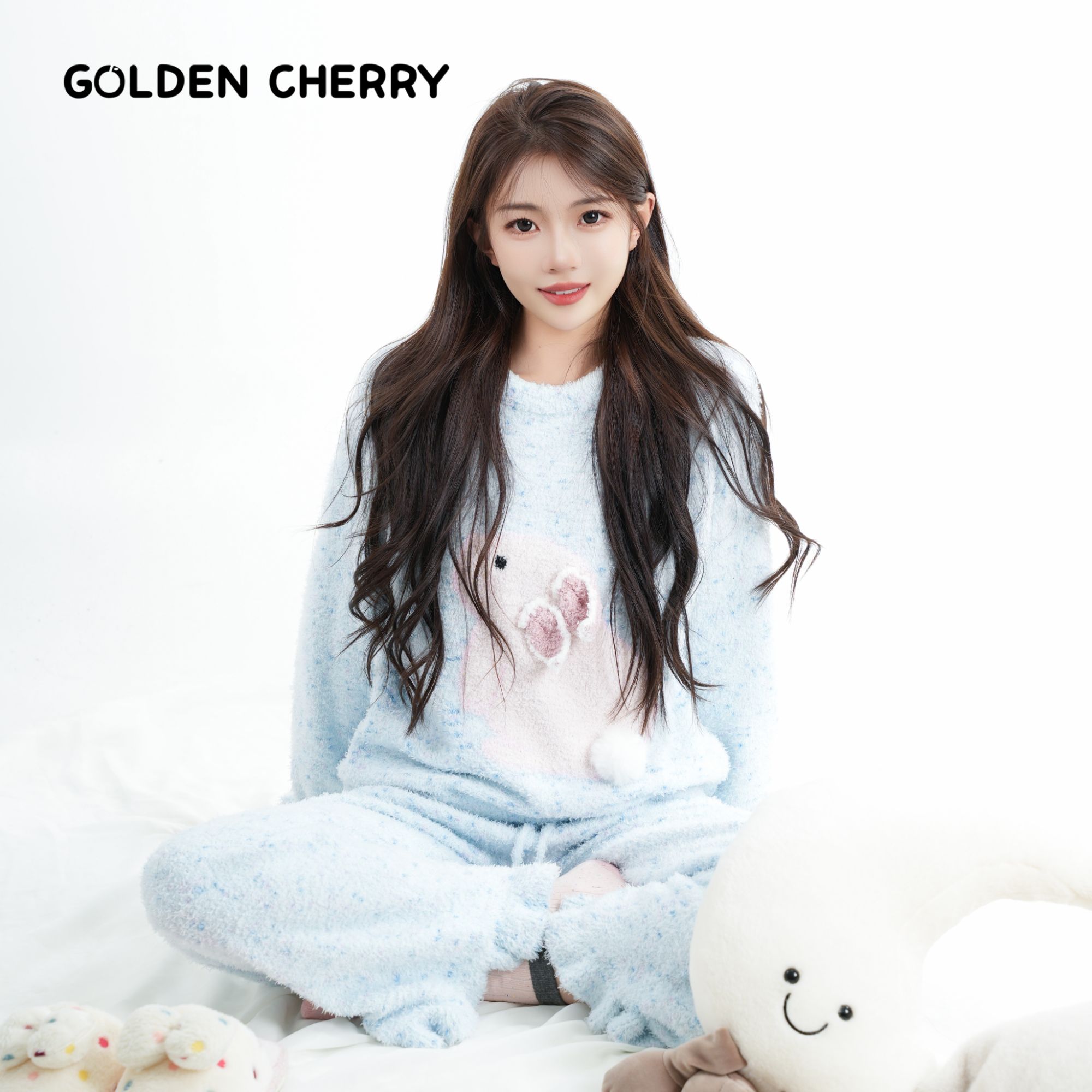 【金樱桃】小童亲子蓝色小白兔半边绒家居套装5648