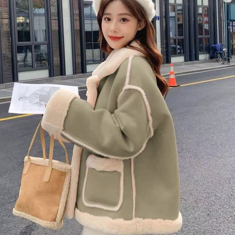 秋冬女装外套洋气百搭女士拼接短款加绒加厚毛绒