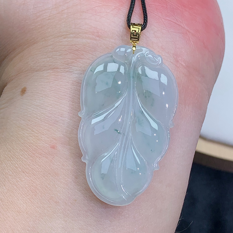 冰润 精雕 飘花 18K金扣头叶子 吊坠 8.69g缅甸天然A货翡翠玉石