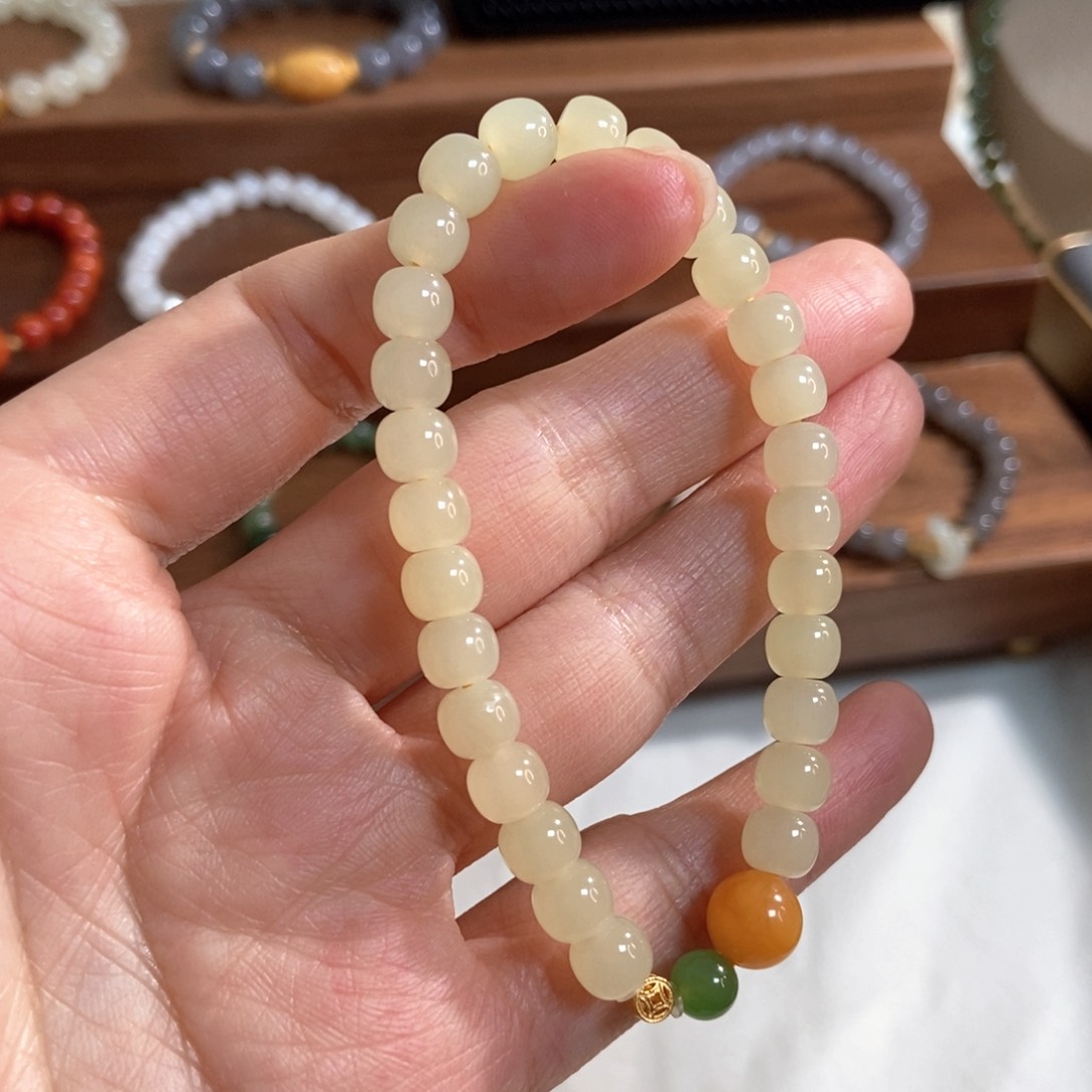 和田玉手链银S925镶嵌7mm黄口老型