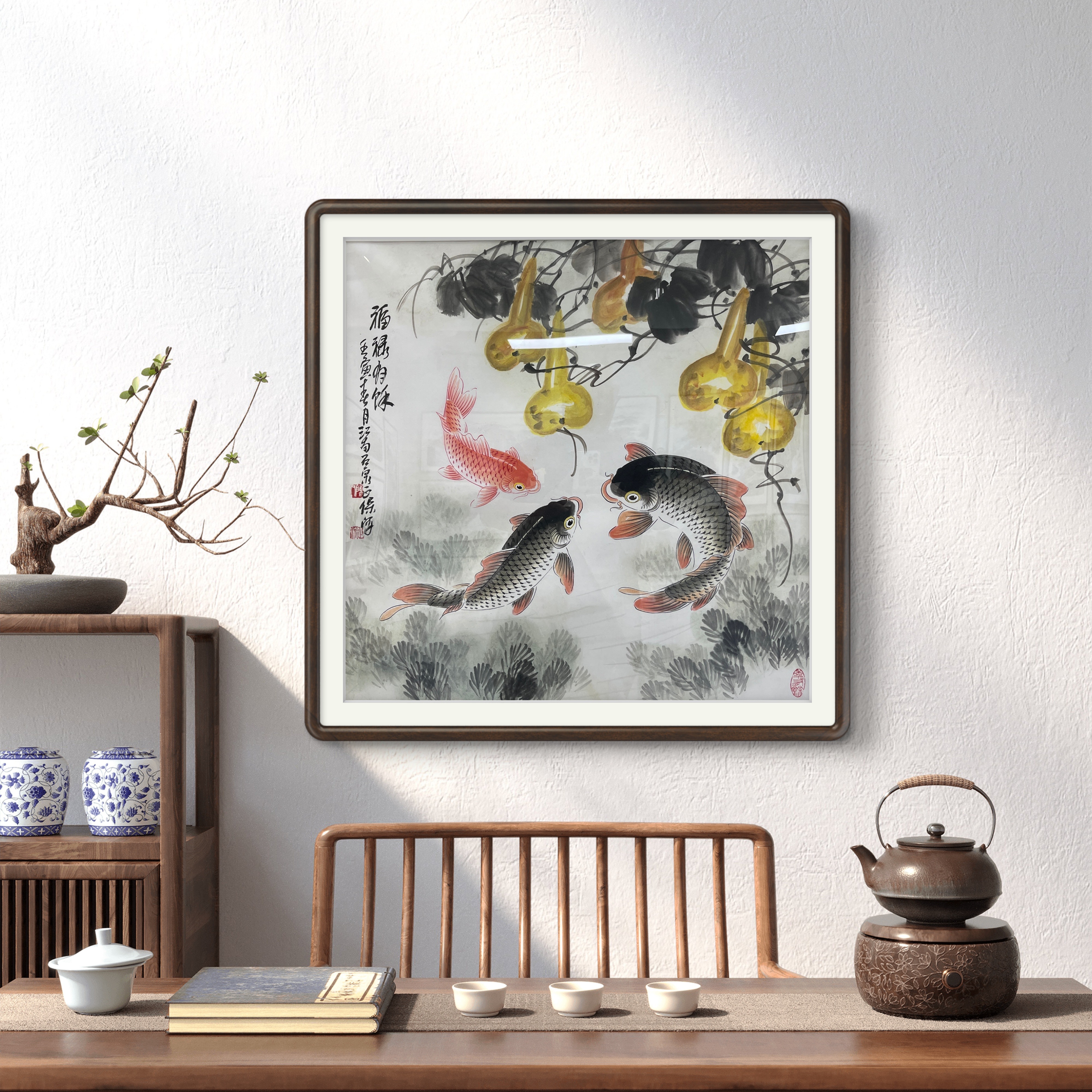 精品纯手绘国画-福禄鲤鱼图（四尺斗方85*85）新中式国画 挂画