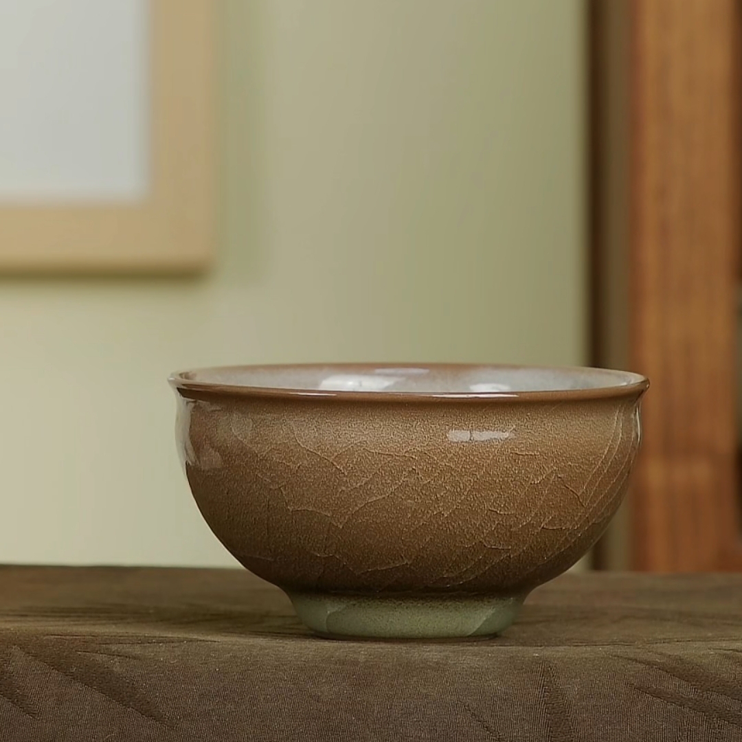 双色釉窑变宽口龙泉手工咖色主人杯青瓷功夫茶品茗杯陈卫武