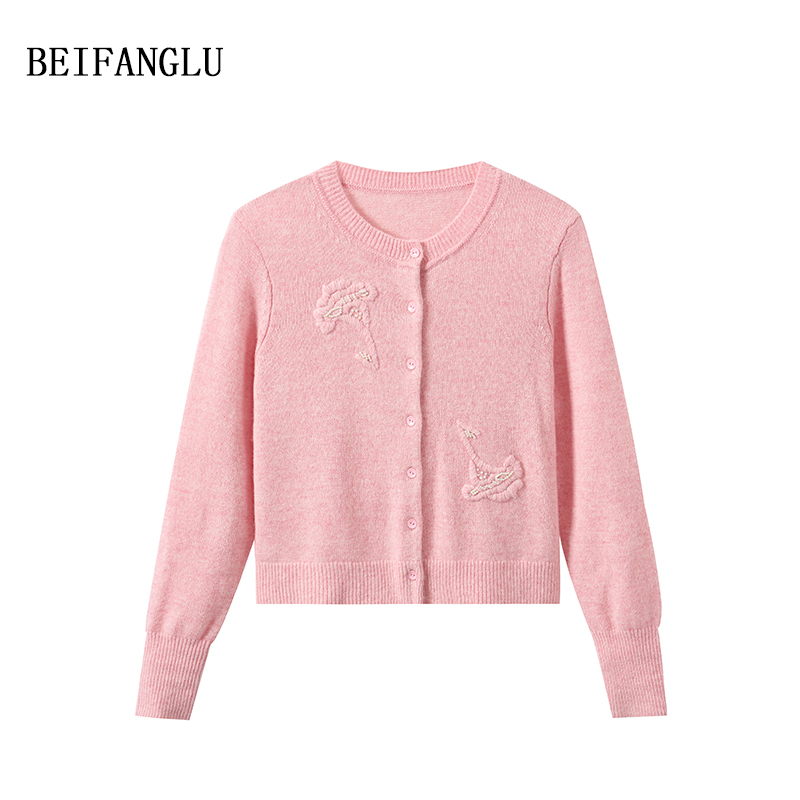 北方鹿【精工刺绣海藻花】早秋新品气质优雅圆领长袖针织开衫251263