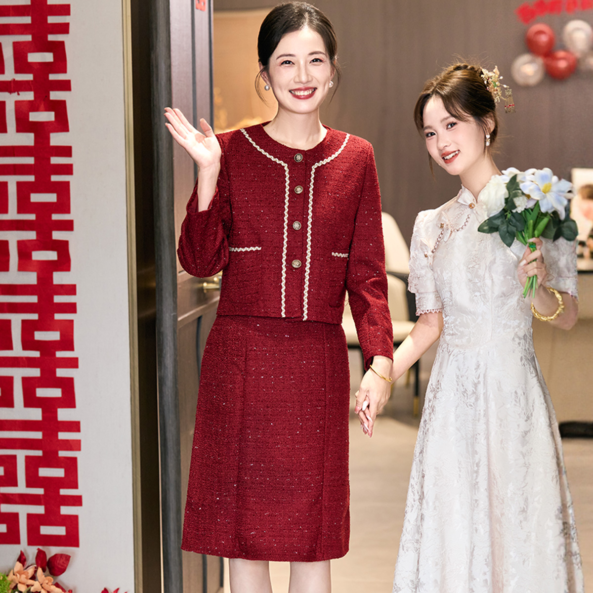 喜婆婆婚宴礼服2025新款高级感平时可穿高端优雅红色连衣裙两件套