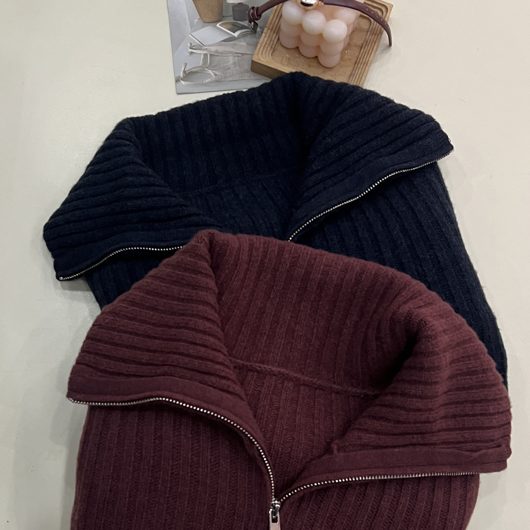 绒品 韩系纯色坑条加厚双开拉链开衫针织衫