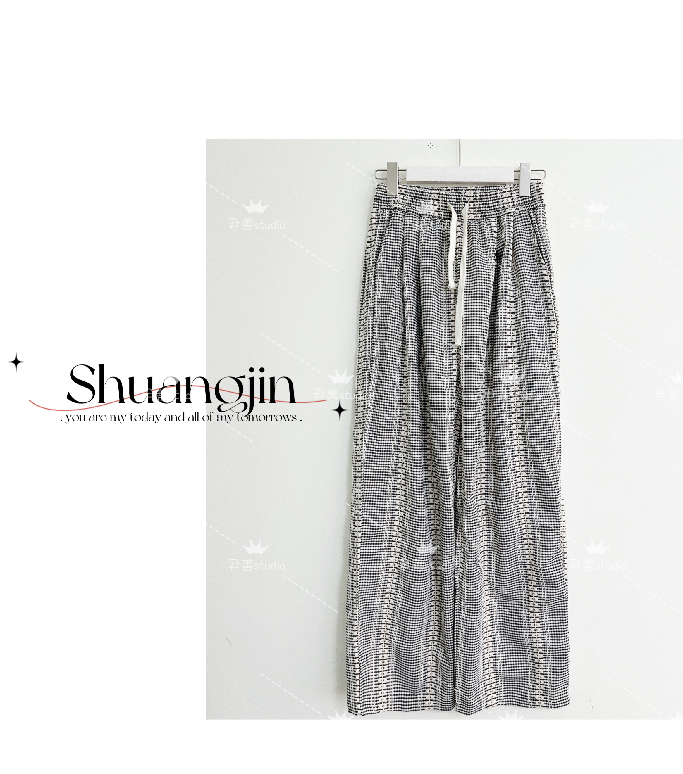 【尹善推荐】韩版夏季慵懒设计绣花小格子垂感遛弯裤