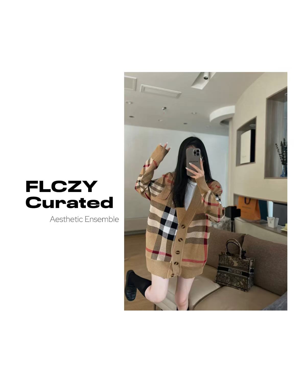 【FLCZY】格子经典开衫长袖V领外套