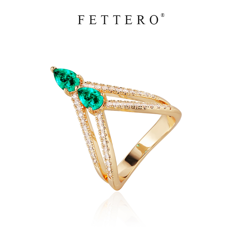 fettero 铜合金戒指 【金色双V双水滴戒指】气质轻奢小众欧美