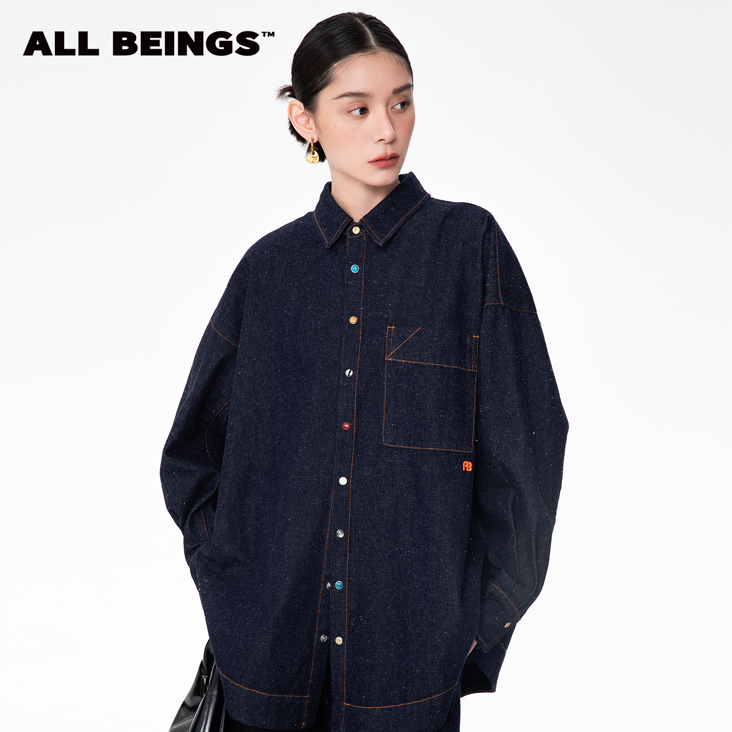 ALL BEINGS【胡夏同款】25年秋冬设计师新款靛蓝牛仔彩扣开衩衬衫
