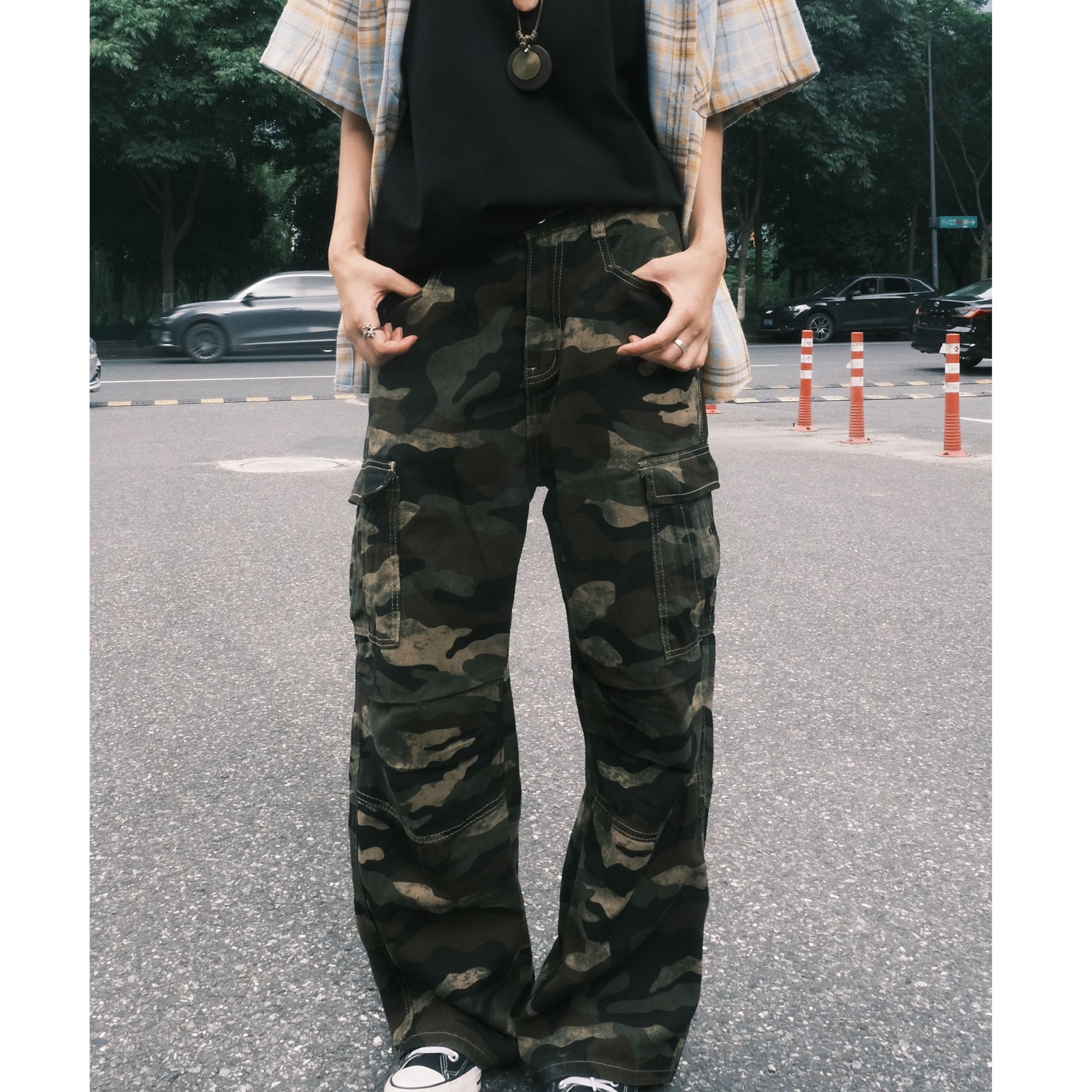 美式复古迷彩裤子男女夏季设计高级感cleanfit大口袋工装直筒裤潮